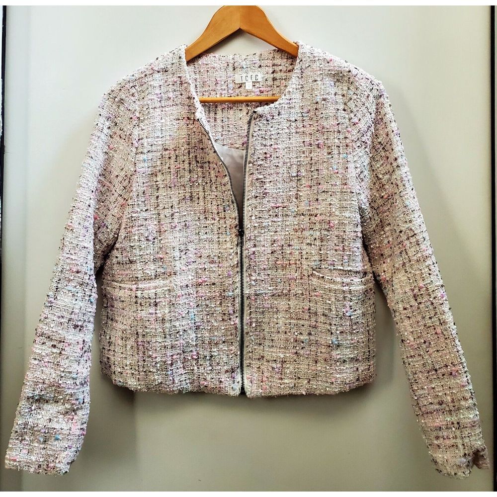 TCEC Tweed MED Jacket Fully Lined Pastel Cream/Pink/Lilac Metal Polyester Coat - Picture 2 of 7
